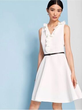 Elegant White Ruffle V-Neck Sleeveless Dress NWT - TED BAKER - With Belt ✨